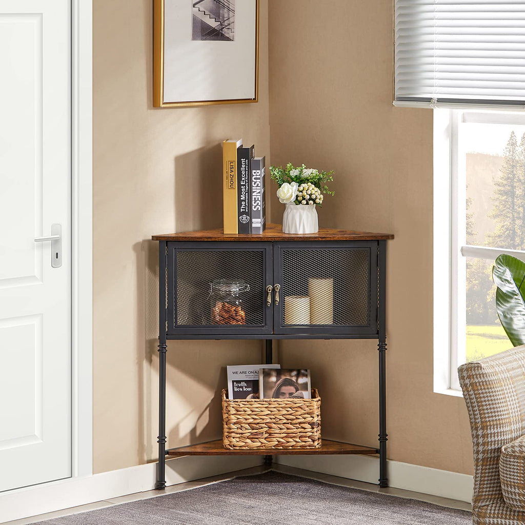 VECELO 3-Tier Corner Shelf with Storage Cabinet, 29" Tall Multiple Purpose Free Standing Shelves Organizer for Small Spaces, Living Room, Bedroom, Kitchen, Balcony, Brown