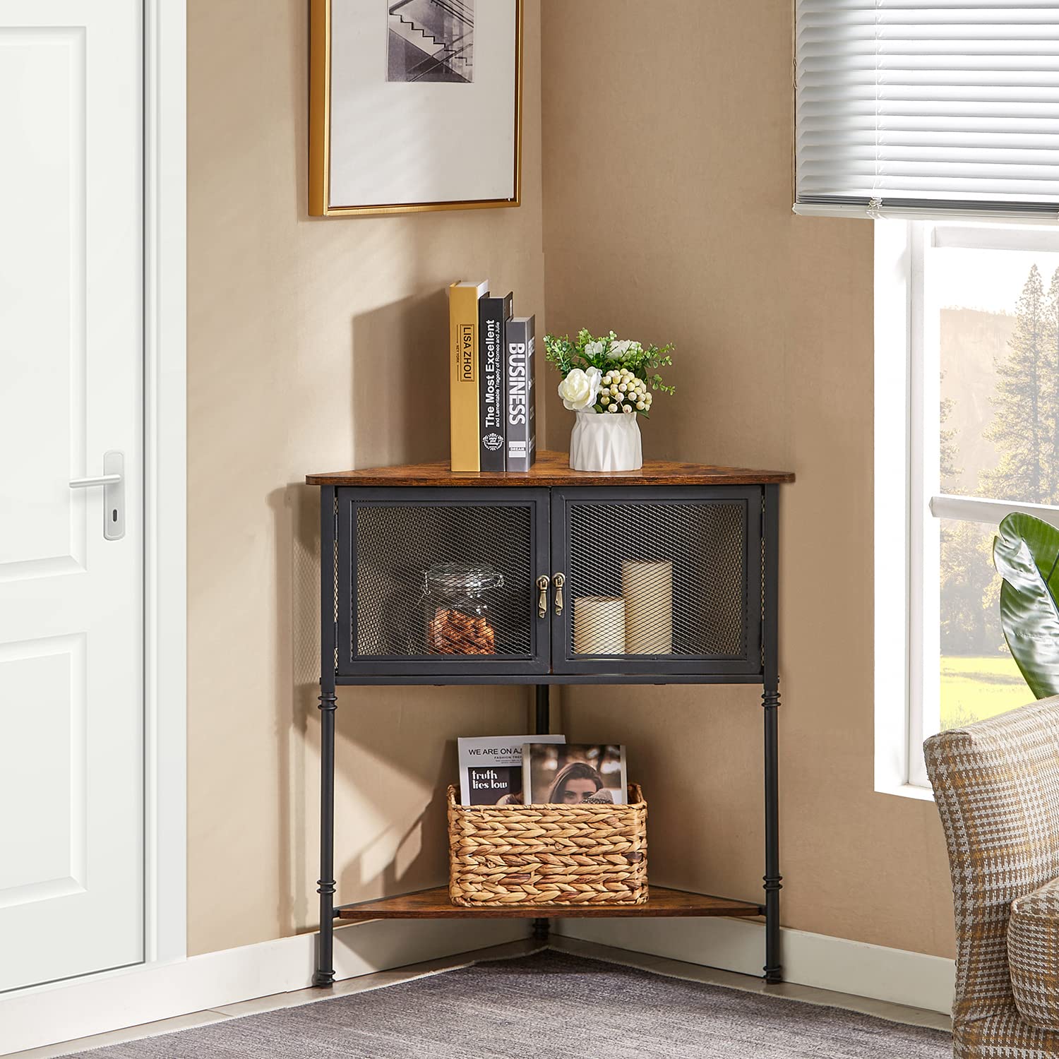 VECELO 3-Tier Corner Shelf with Storage Cabinet, 29" Tall Multiple Purpose Free Standing Shelves Organizer for Small Spaces, Living Room, Bedroom, Kitchen, Balcony, Brown