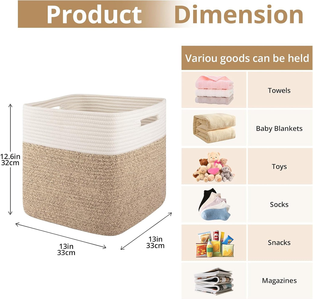 OIAHOMY 13-Inch Cube Storage Bins - 3-Pack Cotton Rope Baskets for Organizing | Brown & White