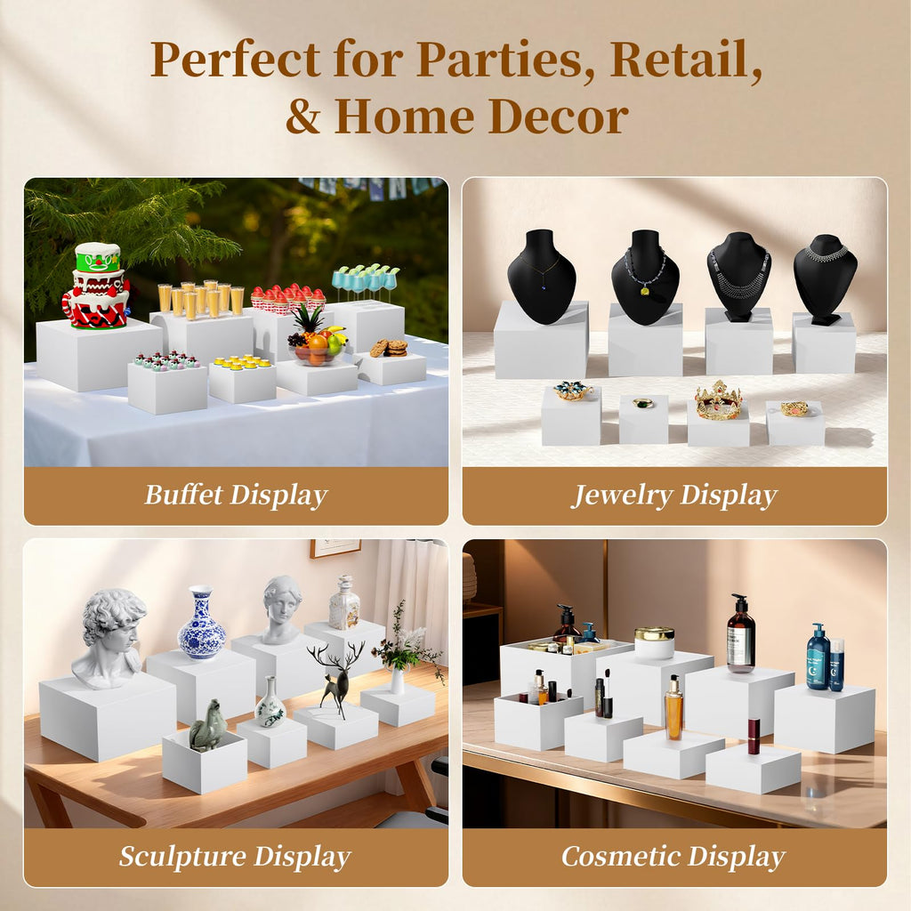6 PCS 12" to 6.8" White Buffet Risers with Mini Sign and Makers, Large Food Risers for Buffet Table, Display Shelf Stands for Party, Catering, Dessert, Jewelry Collectibles, Nesting Cube Boxes with Hollow Bottoms Set (12",10",9",8",7.5",6.8")