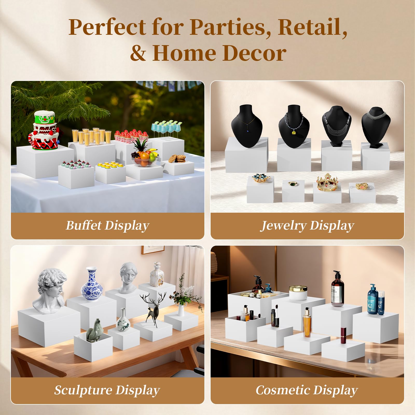 6 PCS 12" to 6.8" White Buffet Risers with Mini Sign and Makers, Large Food Risers for Buffet Table, Display Shelf Stands for Party, Catering, Dessert, Jewelry Collectibles, Nesting Cube Boxes with Hollow Bottoms Set (12",10",9",8",7.5",6.8")