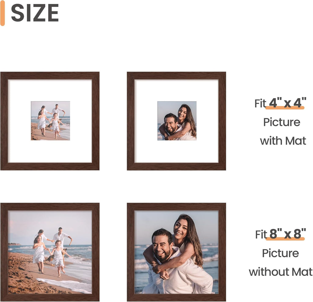 Upsimples 8x8 Picture Frame - Versatile Display for 4x4 Photos with Mat or 8x8 Without - Brown, 1 Pack