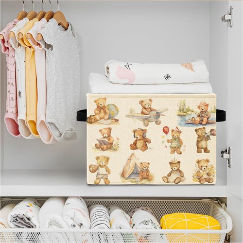 Elefeltclave Teddy Bear Sports Nursery Theme Storage Bins,Baby Bear Collapsible Storage Basket Organizer for Toddler Kids Bedroom Playroom Nursery Bathroom Clothes Toys Books, Toybox for Girls