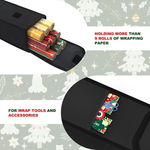 Demao Wrapping Paper Storage Bag - 31" Gift Organizer with Pocket for 9 Standard Rolls (Black)