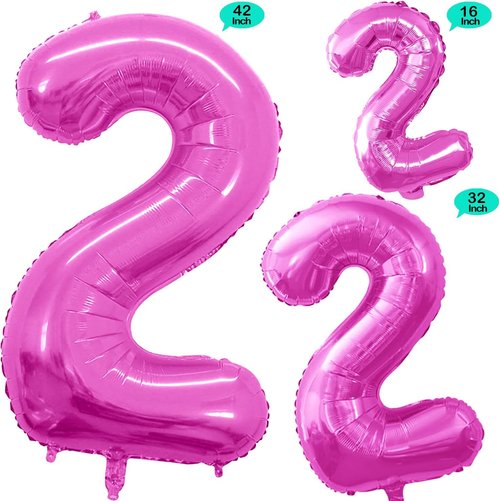 GOER Pink Foil Number 2 Balloons - Huge 42-Inch & 32-Inch Birthday Party Decorations (3 Pcs)