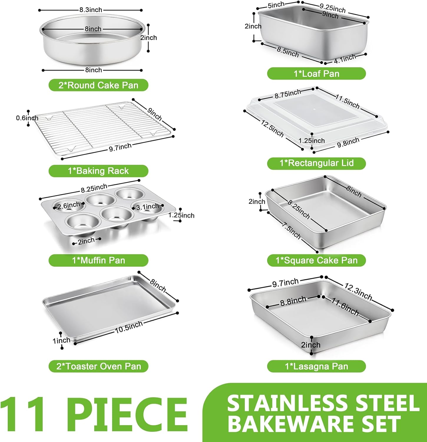 P&P CHEF Bakeware Set - 11-Piece Stainless Steel Baking Pans with Rack, Lasagna Pan, Cake Pans & More