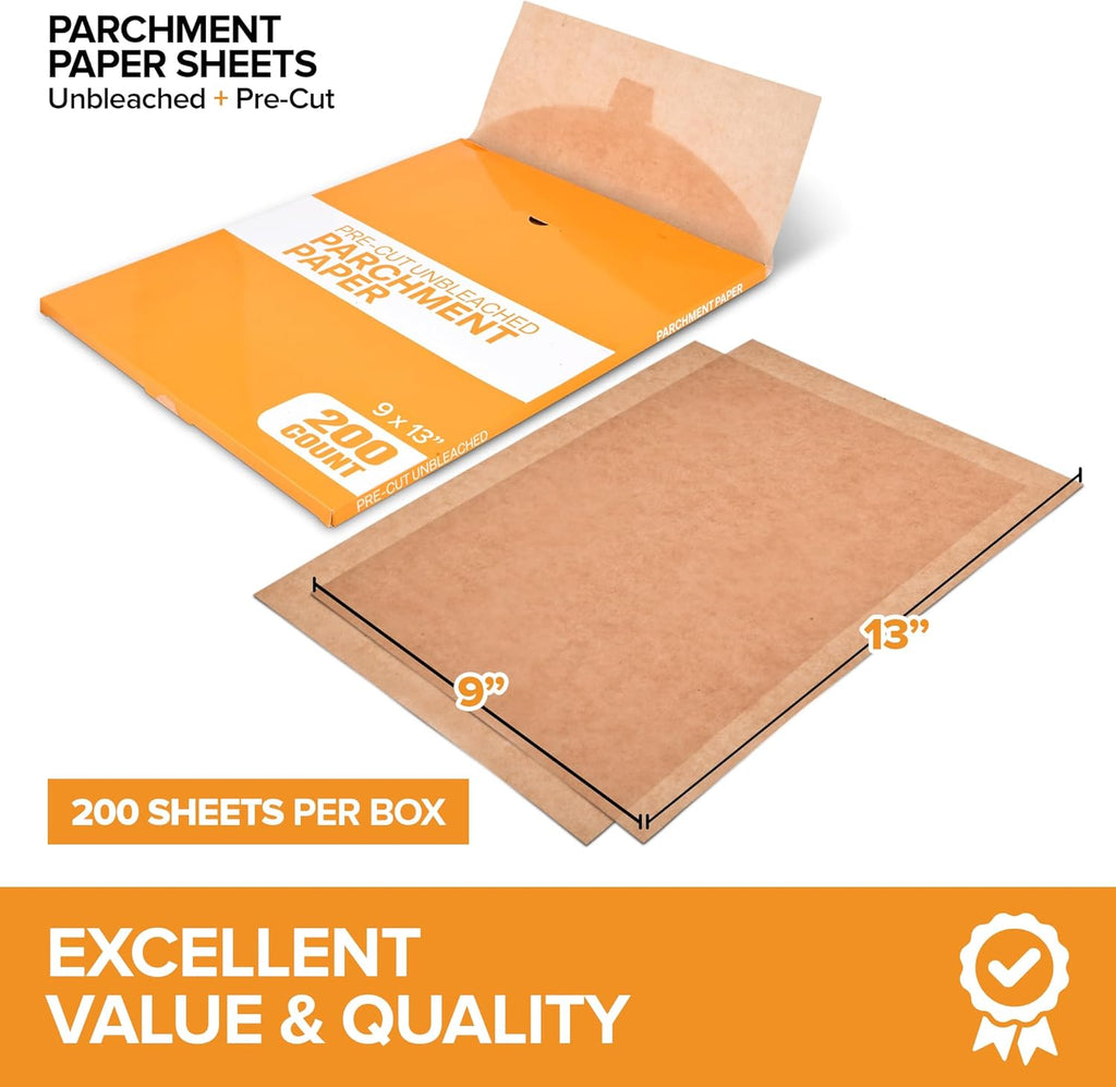 Stock Your Home Unbleached Parchment Paper Sheets - 200 Pre-Cut Baking Sheets (9x13”) for Cookies, Bread & Pizza