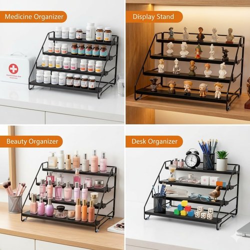 AVMDOM 4 Tier Spice Rack Organizer for Cabinet, Step Adjustable Spice Shelf Seasoning Organizer with Non Slip Tiers, Expandable Metal Spice Rack for Kitchen Countertop, Pantry, Cupboard – Black