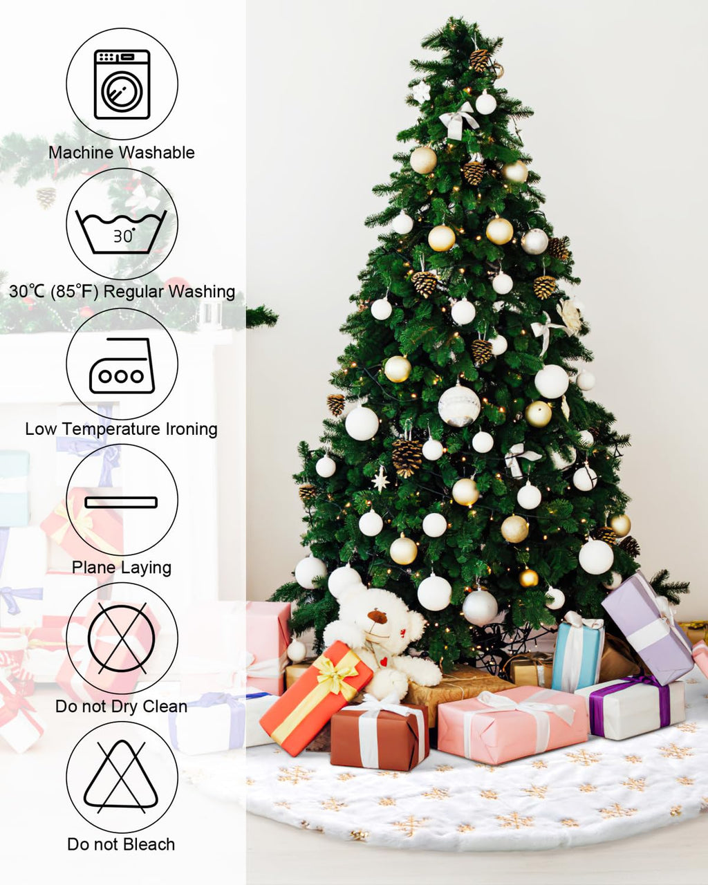 COOLWUFAN 60 Inches Faux Fur Christmas Tree Skirt for Xmas Tree Holiday Party Decoration White Plush Gold Sequin Snowflake (Gold)