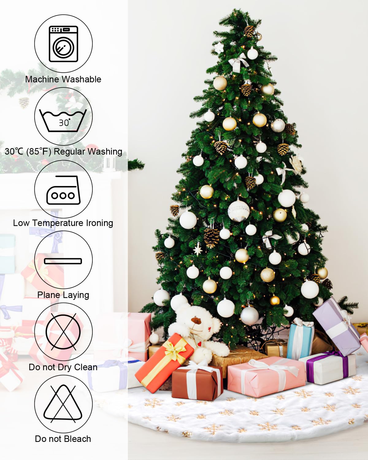 COOLWUFAN 60 Inches Faux Fur Christmas Tree Skirt for Xmas Tree Holiday Party Decoration White Plush Gold Sequin Snowflake (Gold)