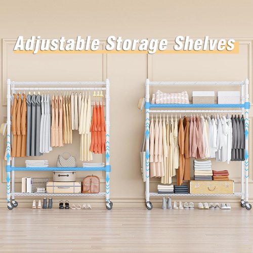 Homdox 3-Tier Garment Rack - Portable Heavy-Duty Closet Organizer with Wheels & Double Hanger Rods | White