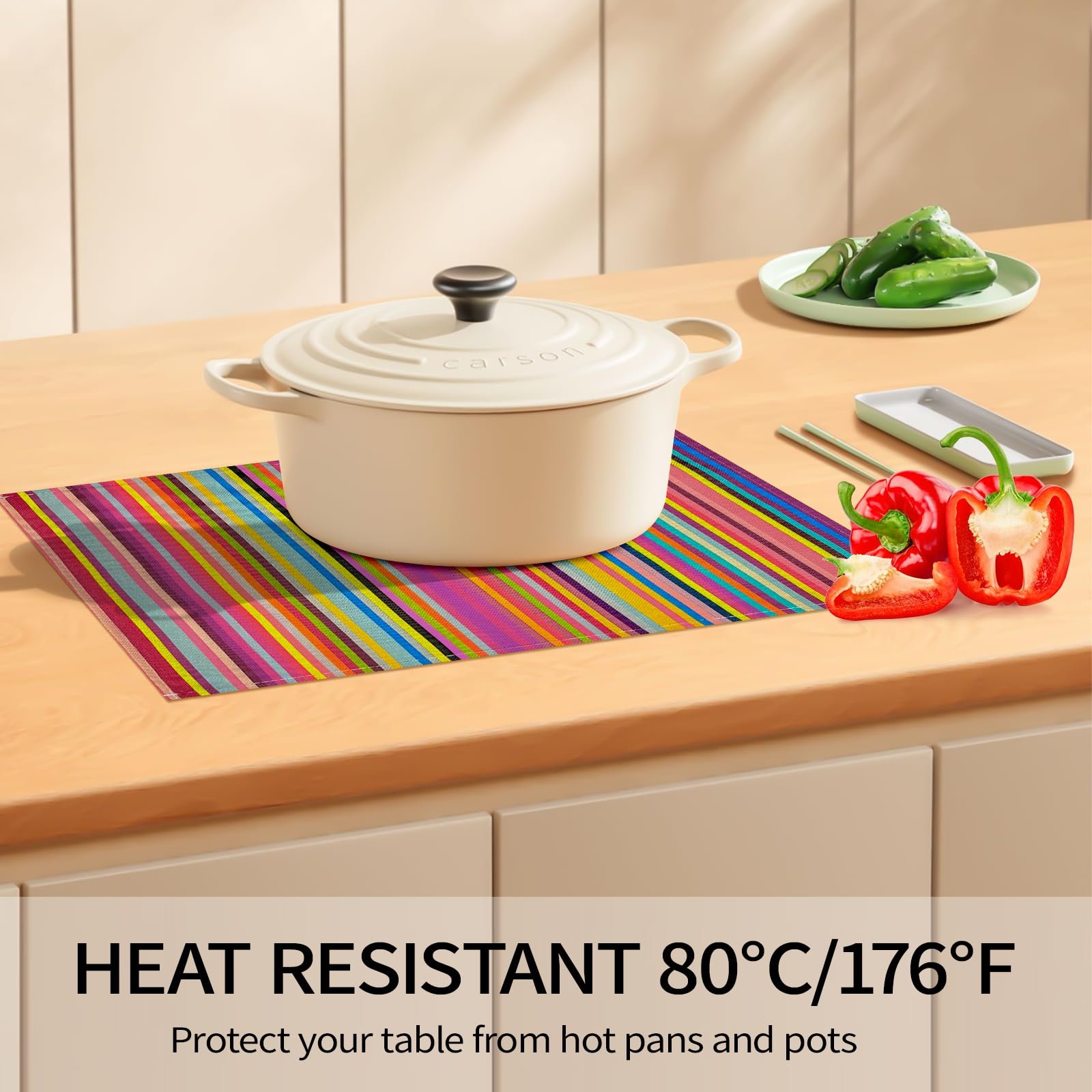 Carethos Rainbow Placemats Set of 4, 12x18 Inch Heat-Resistant Washable Easy to Clean Place Mats, Faux Linen Cloth Table Mats Suitable for Indoor/Outdoor Parties & Kitchen Decor (Rainbow)
