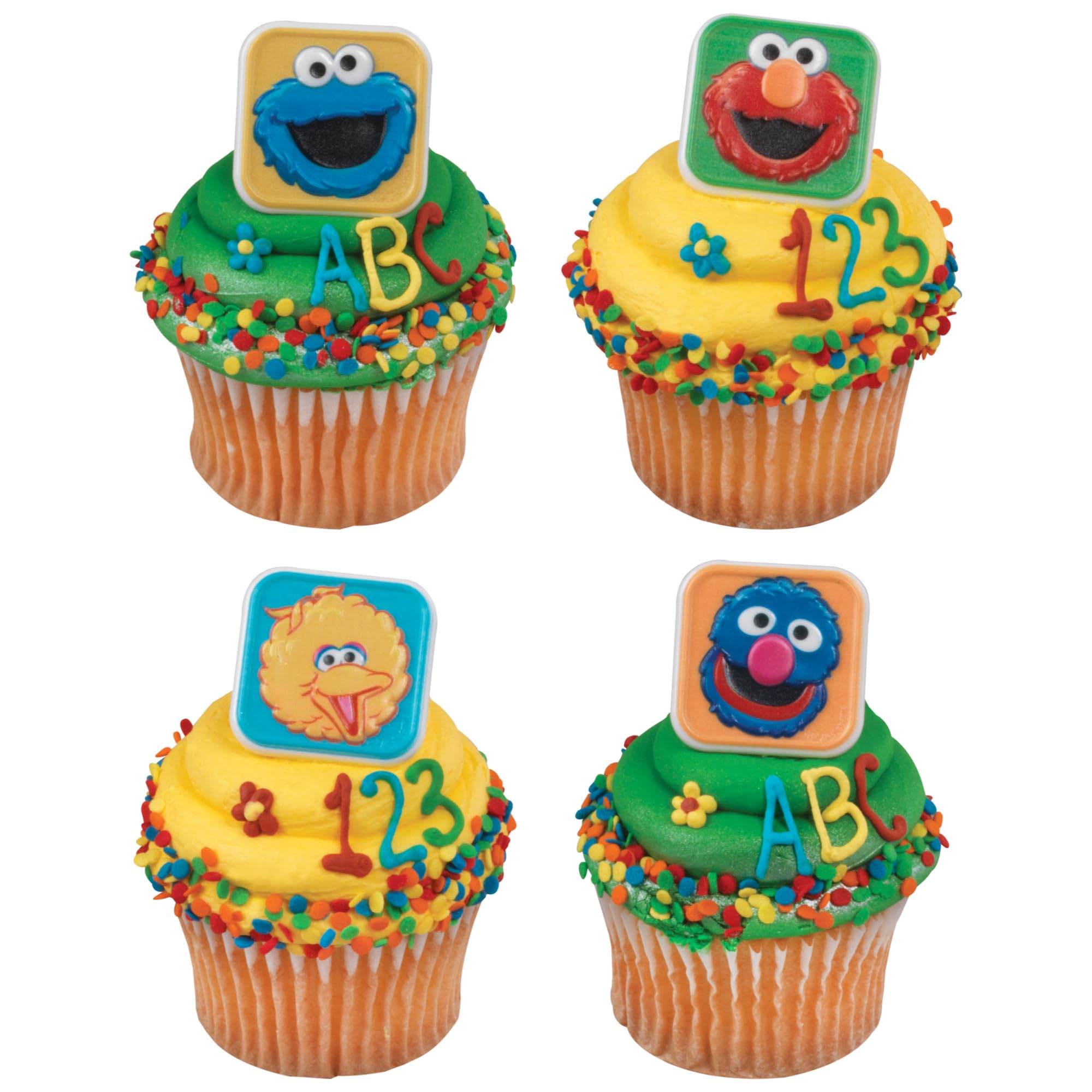 Sesame Street Rings, 24 Cupcake Toppers Featuring Elmo, Big Bird, Cookie Monster, Grover, Bright Colorful Cupcake Decorations, Food Safe - 24 Pack