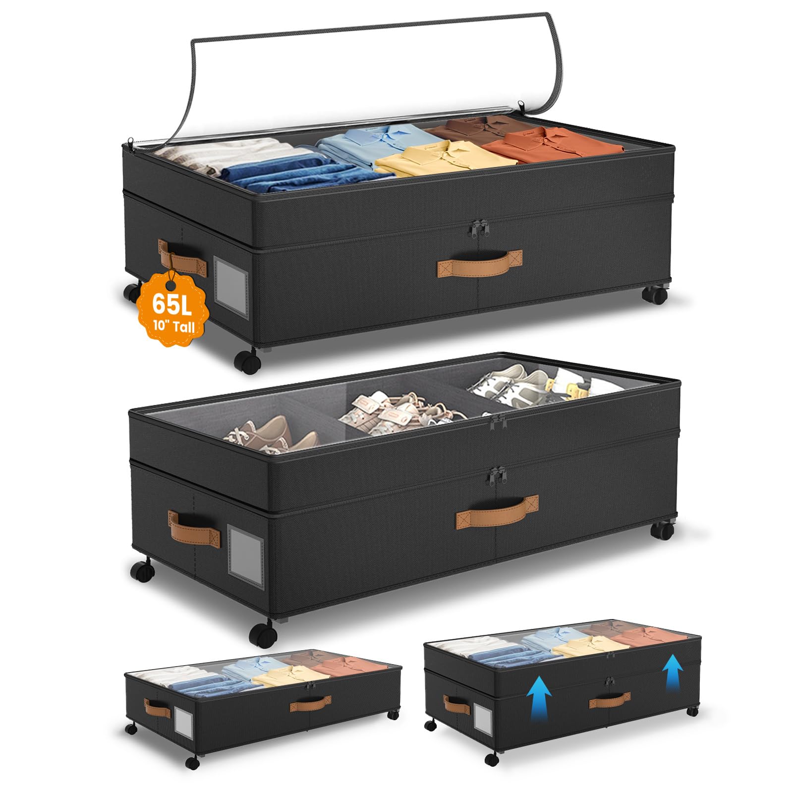 Megapuxin Under Bed Storage with Wheels, 10 inches Under Bed Storage Containers, 65L XXL Large Adjustable Underbed with Lids, Rolling Underbed Storage bins for Shoes, Clothes, Blankets, Black