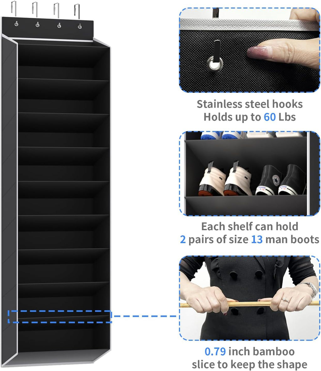 Regeleto Over The Door Shoe Organizer - 10 Tiers Storage Rack for 20 Pairs of Sneakers & Boots (Black)