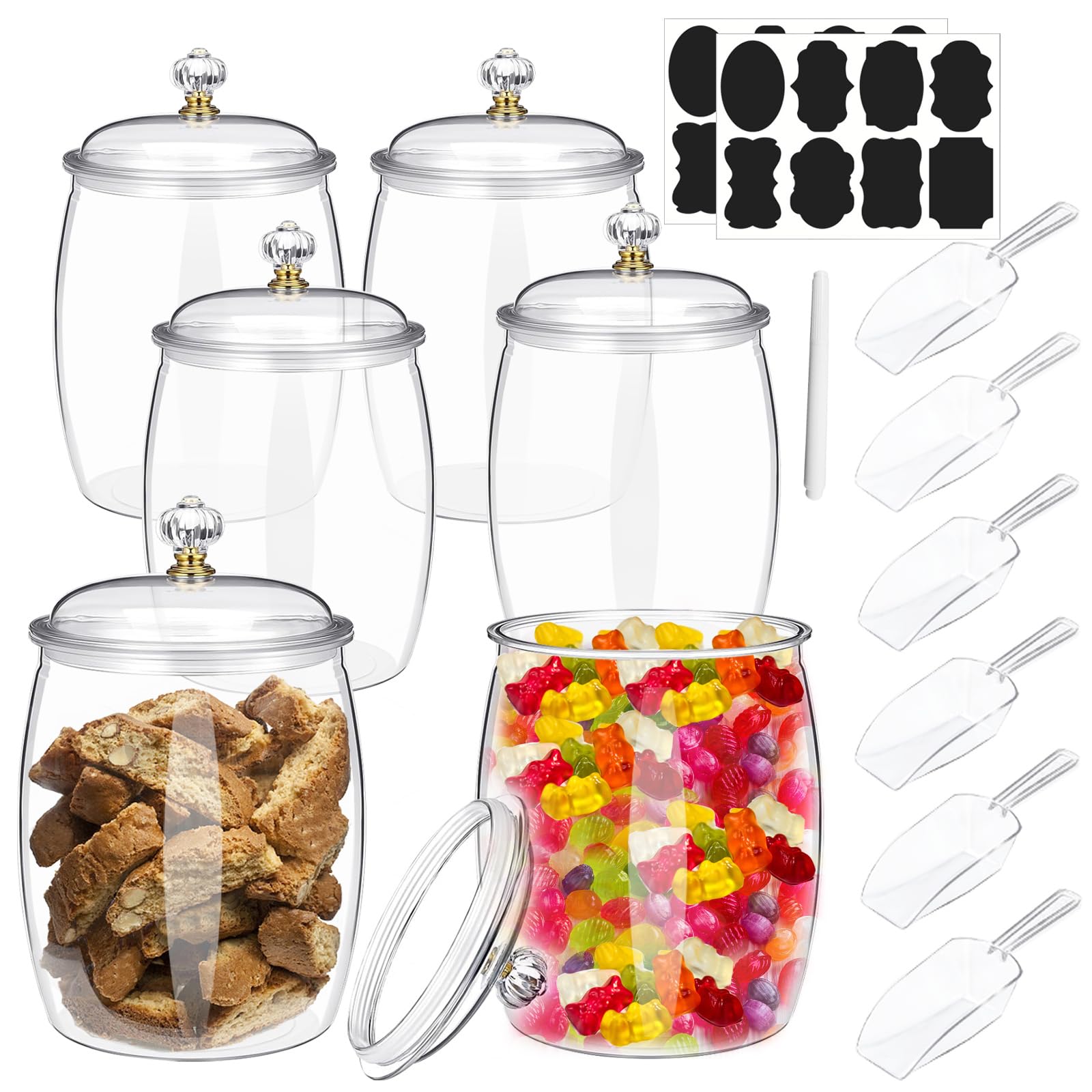 SENONAPO 6 Pcs 64 oz Candy and Cookie Jar with Lids 6 Spoons Plastic Jars Decorative Apothecary Jars Candy Buffet Containers Clear Can Airtight Food Storage Canister for Home Decoration Supplies