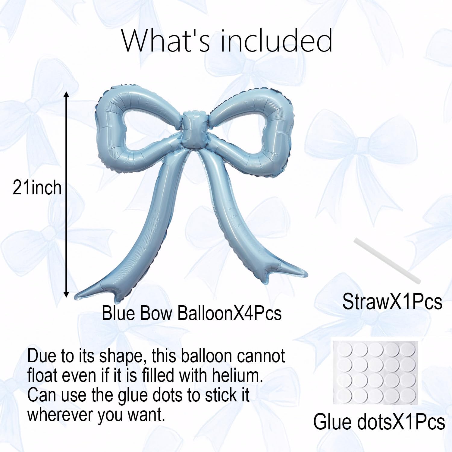Skiennix 4Pcs Blue Bow Foil Balloons Set - Dusty Blue Mylar Balloons for Birthday & Baby Shower Decor