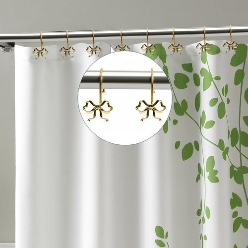 Kreapa Gold Bow Shower Curtain Hooks, 12 Pcs Metal Gold Shower Curtain Hooks for Bathroom Decor, Elegant and Rustproof, Suitable for Standard Showers Curtains Rods