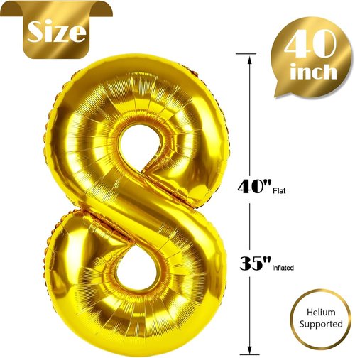Gold Number 8 Balloon - 40 Inch Giant Foil Balloon for 8th Birthday Party Decorations