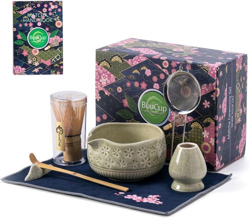 Buucup Matcha Whisk Set - Complete 7-Piece Ceramic Kit with Bowl, Whisk, Bamboo Scoop & More | Mottled Green