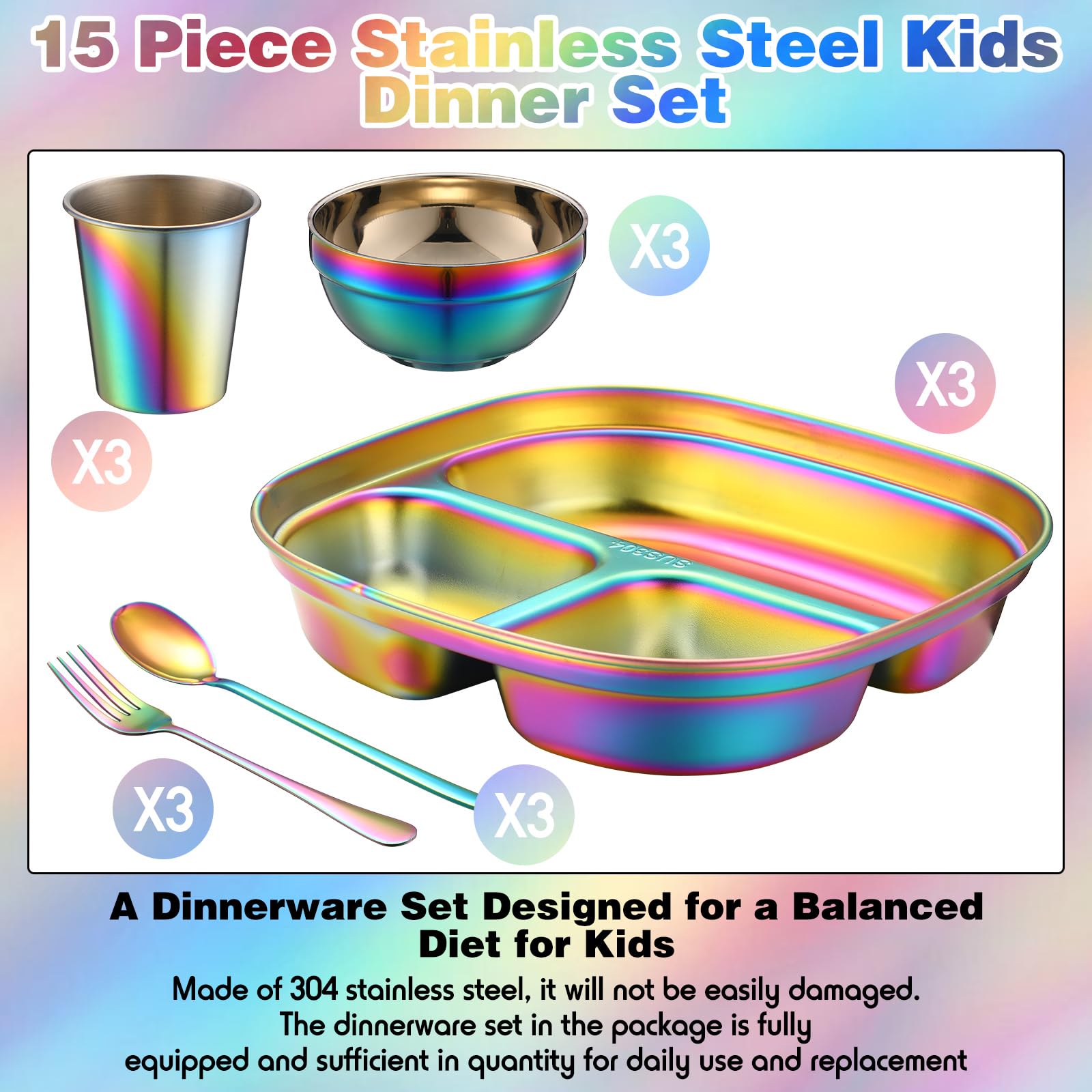 Tioncy 15 Pcs Stainless Steel Kids Dinner Set, Bowls, Balanced Bites Divided Plates, Cups, Spoons and Forks, Stainless Steel Lunch Plates Dinnerware Set for Kids Toddlers (Classic)