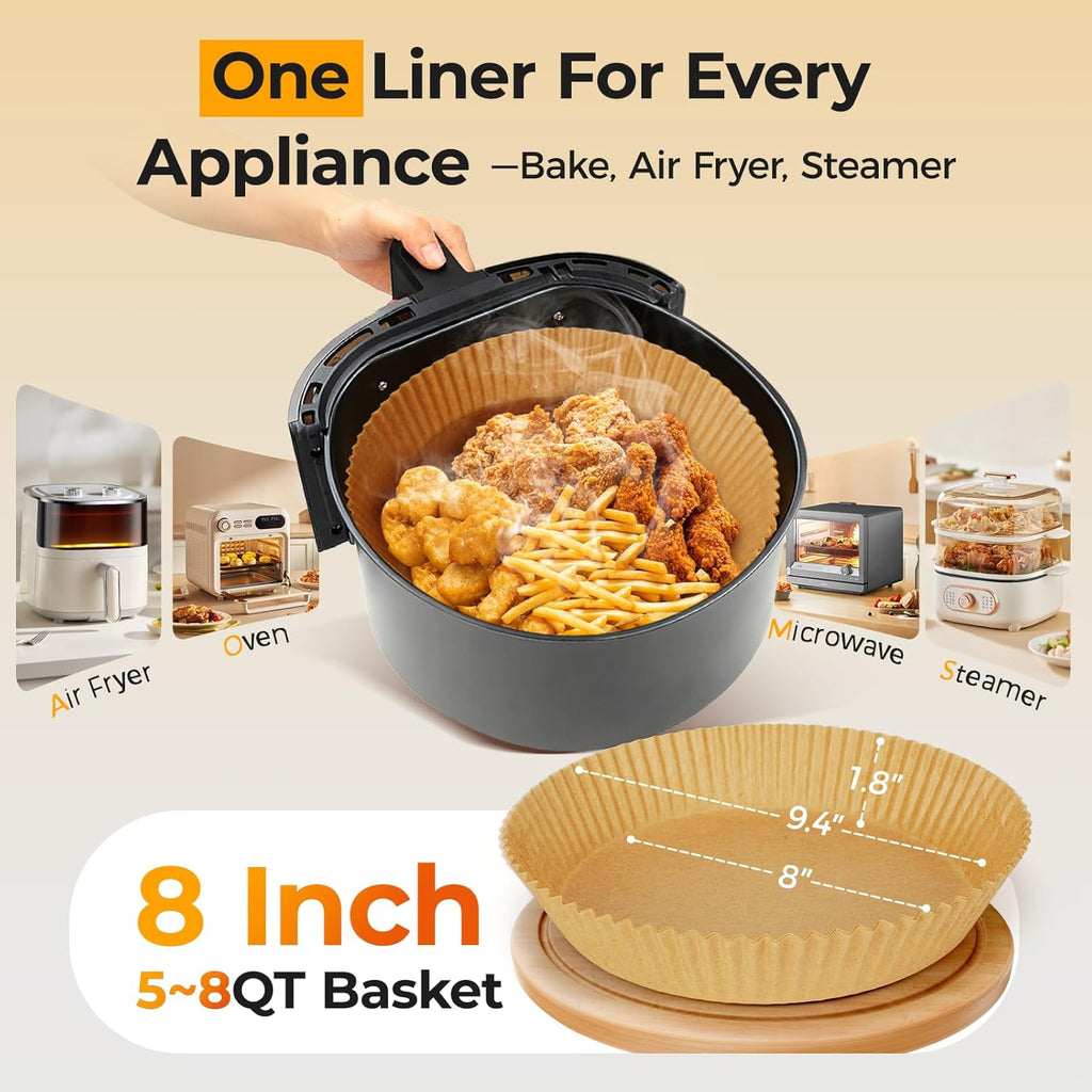Skiennix Air Fryer Paper Liners - 125 Pcs Non-Stick Parchment Baking Sheets | 8-Inch Round Size