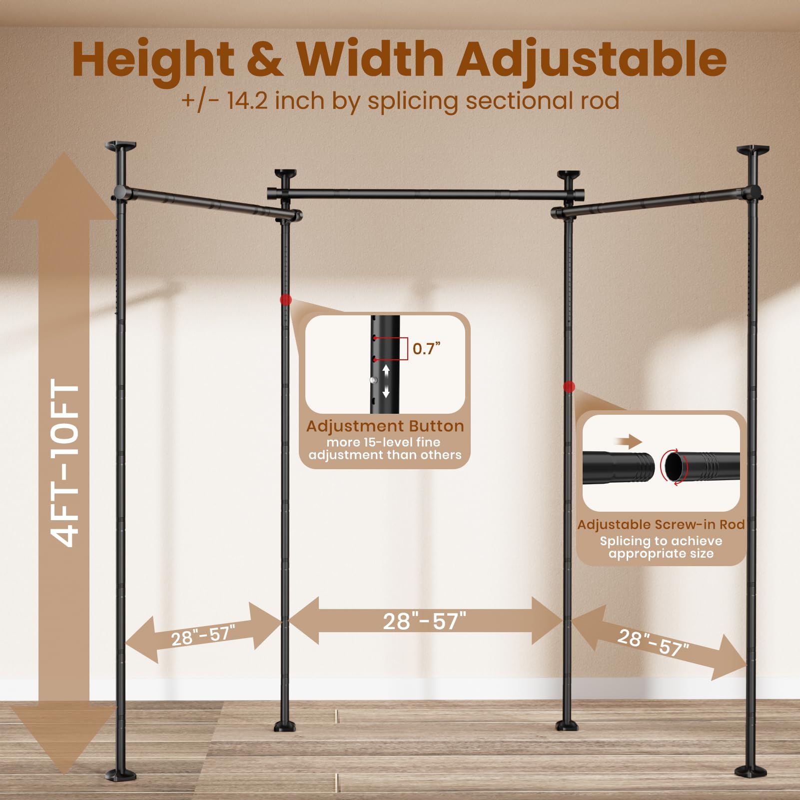 BONPALLY Room Divider Curtain Rod for Wide Space Room Separation, 28-171inch(W) 4-10ft(H) Adjustable No Drilling Tension Curtain Rods, Heavy Duty Temporary Privacy Wall Divider, Black