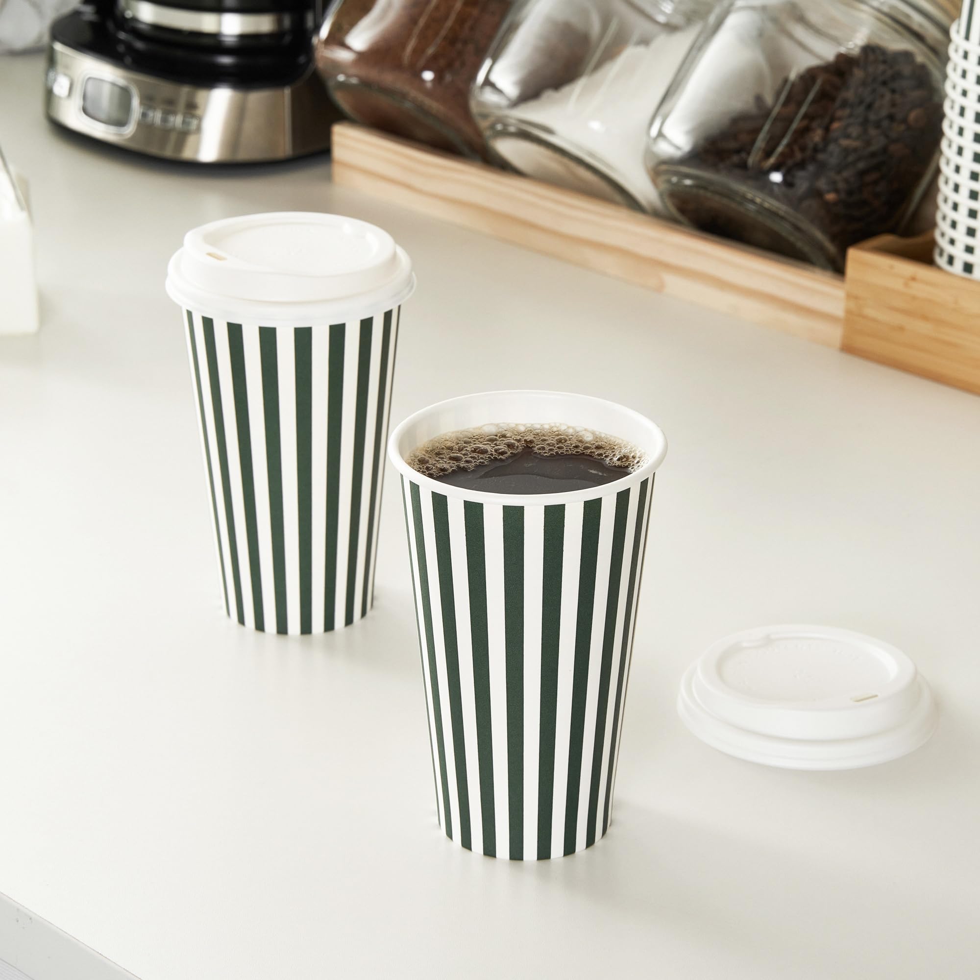 Restaurantware 16 Ounce Disposable Coffee Cups With Lids, 400 Hot Cups With Lids - Sleeves Sold Separately, Single Wall, Forest Green And White Stripe Paper Coffee Cups, For Coffee And More