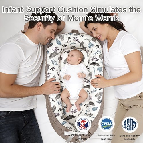 Infant Support Cushion - Reversible & Adjustable Baby Support Mat for Tummy Time | Soft, Breathable, Washable Cover | Grey Leaves