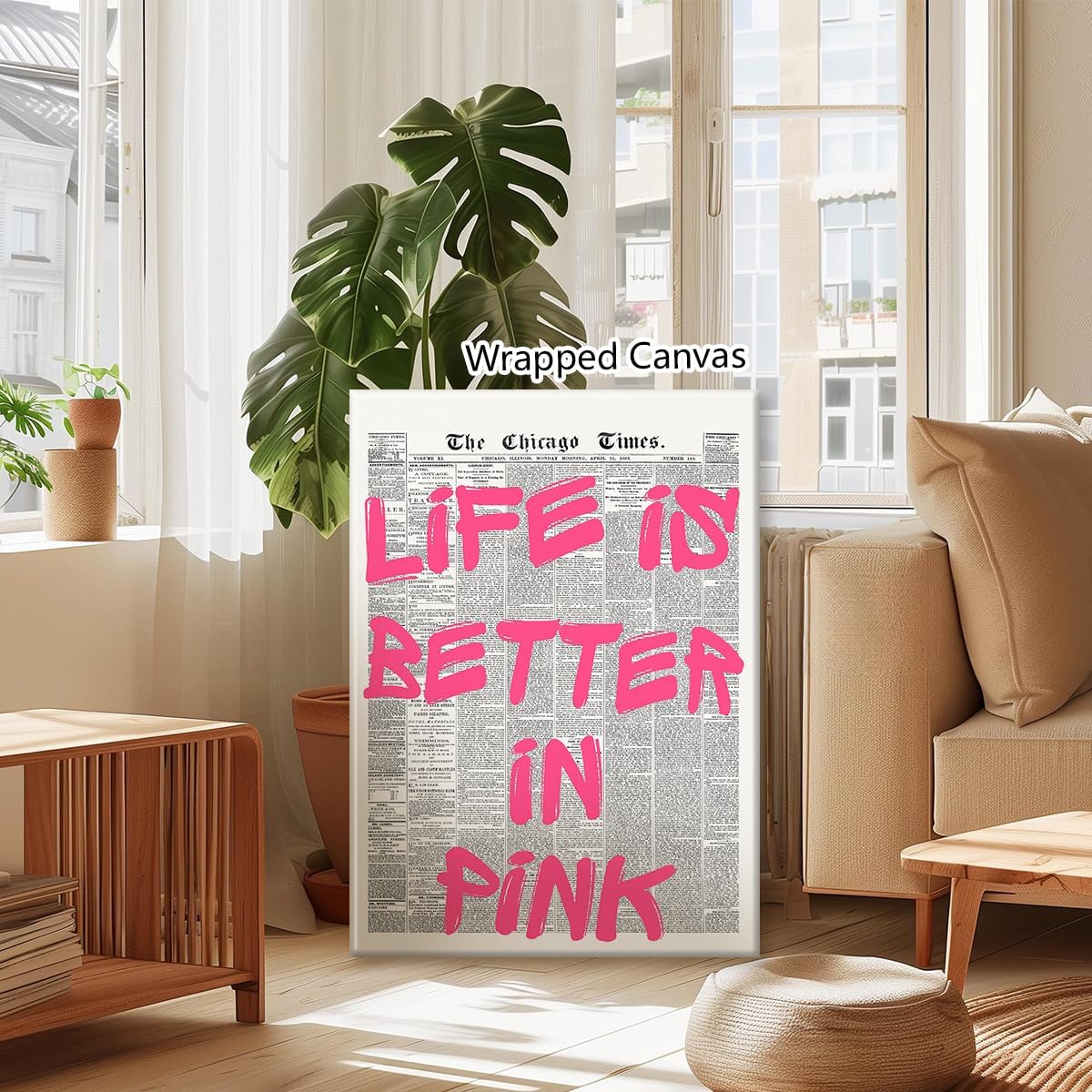 OAOPIC Life Is Better In Pink Quote Poster - Vintage Black & White Canvas Wall Art | Motivational 8x12in Unframed Decor