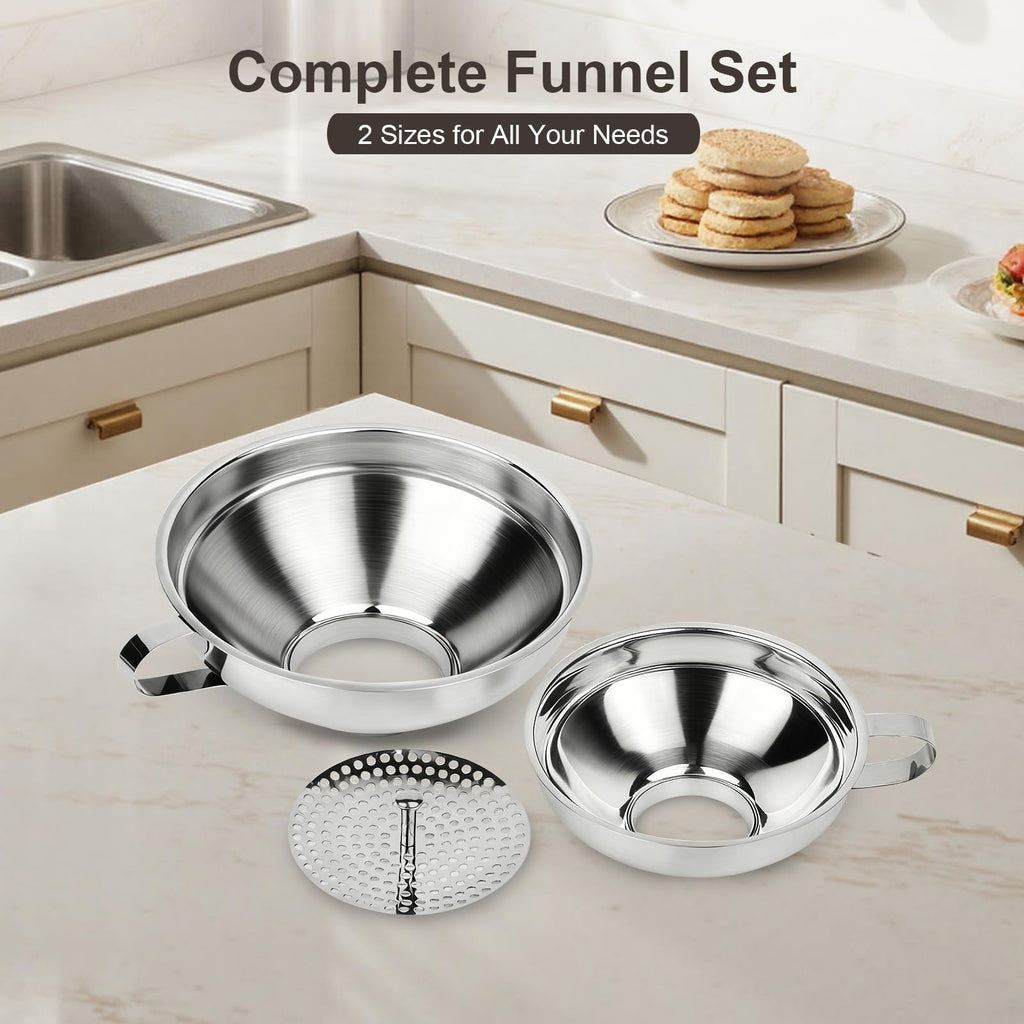 Cuqojs Canning Funnel with Strainer, Wide Mouth Canning Funnels for Filling Wide and Regular Mason Jars, Food Grade Stainless Steel Canning Supplies for Kitchen Use, 3 Pack (Small and Large)