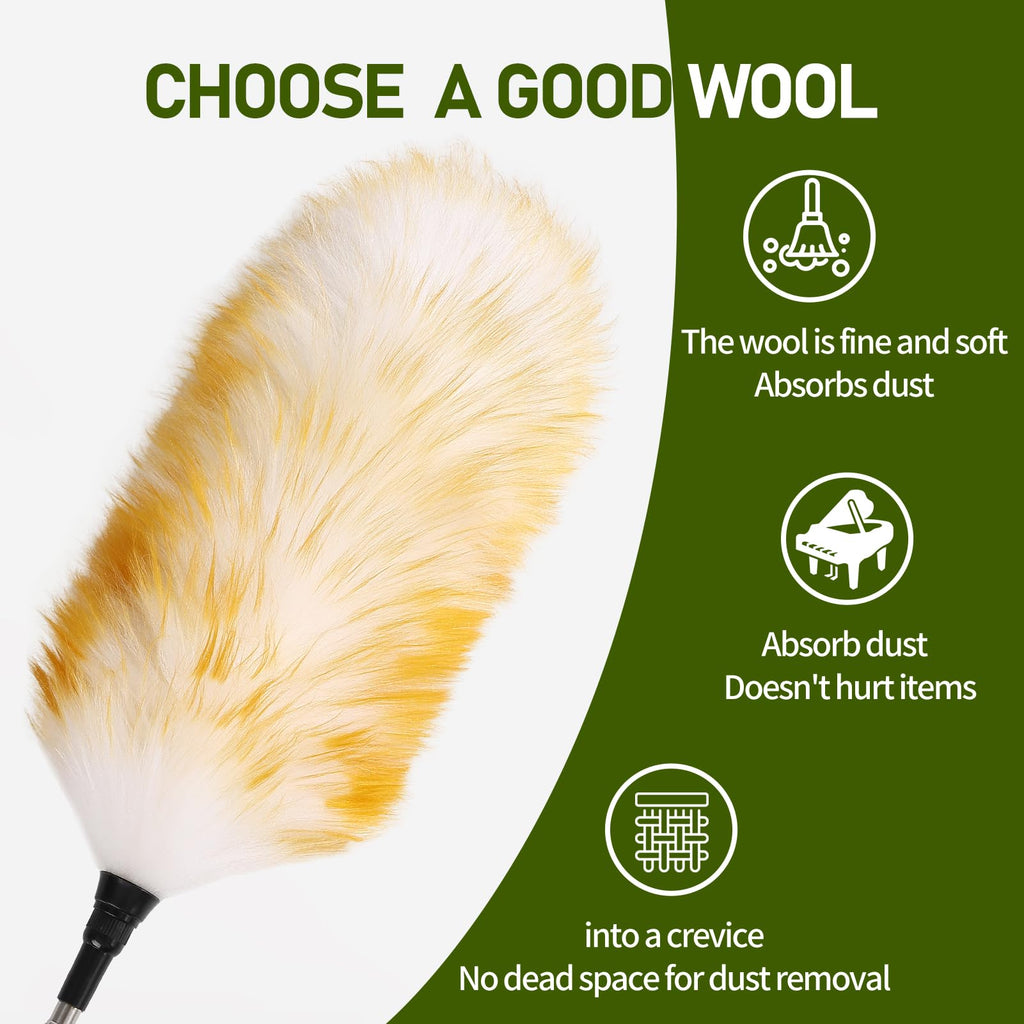 MehelloFeather Extendable Lambswool Duster 25-64" Retractable Telescopic Handle Removable Head Multi-Surface Cleaning Tool for Ceiling Fans, Windows, High Walls, and Hard-to-Reach Areas (2pcs)