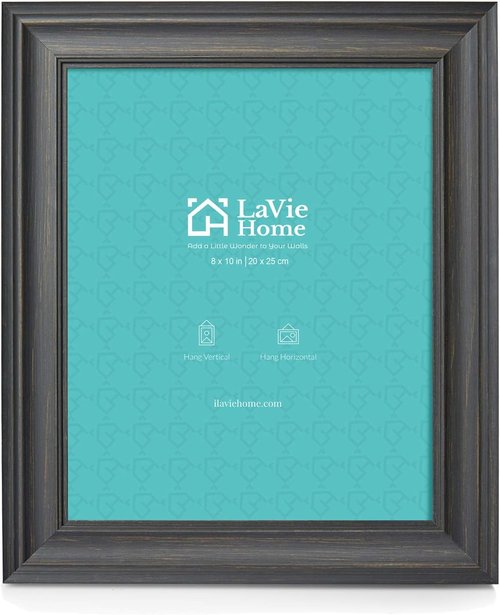 LaVie Home 8x10 Picture Frame - Rustic Black Design with Tempered Glass for Wall & Table Display