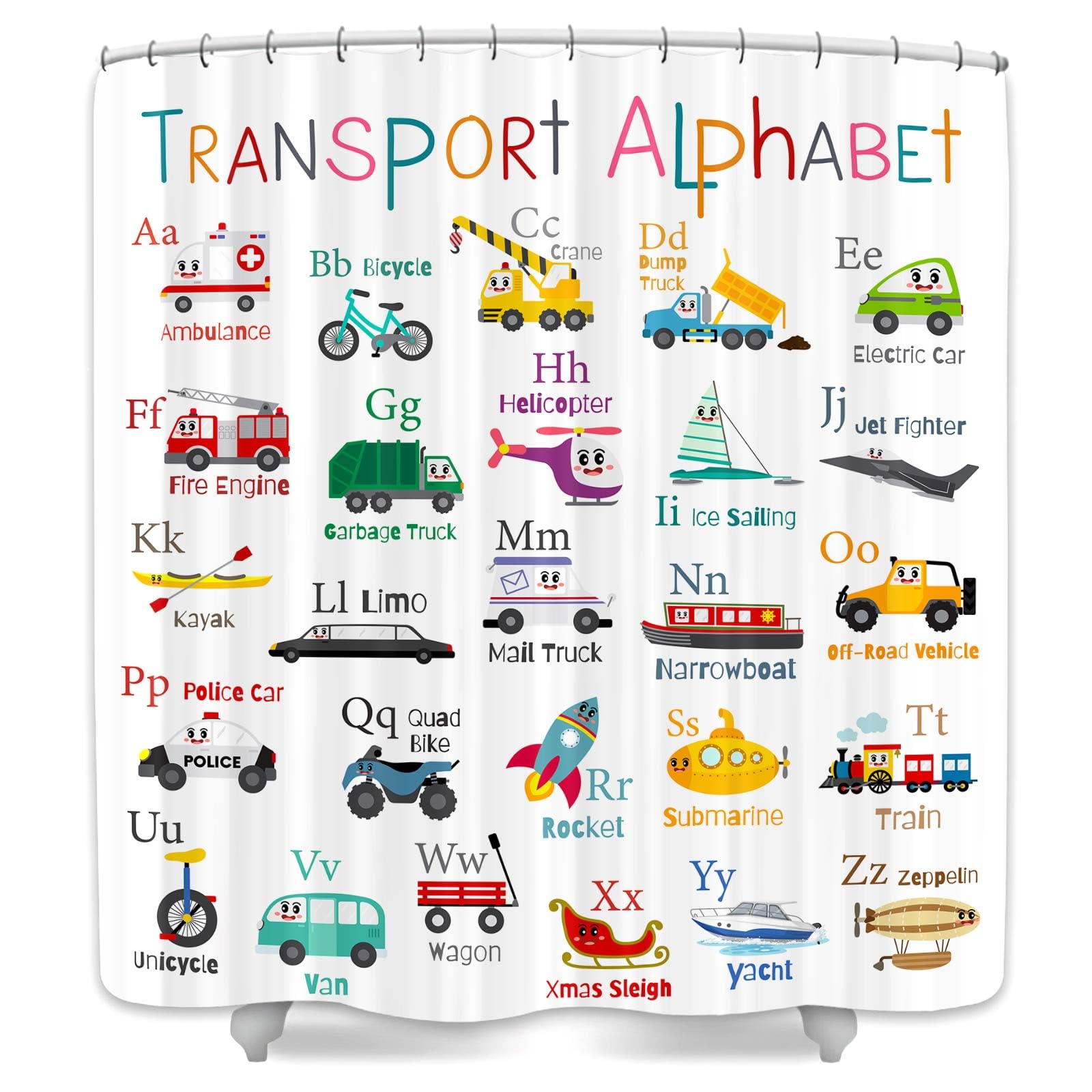Grtuspr Vehicles Alphabet Shower Curtain for Kids, Kid Excavator Tractor Machinery Trucks Curtain, Construction Vehicle Boys, Bulldozer Crane Bath Equipment Truck