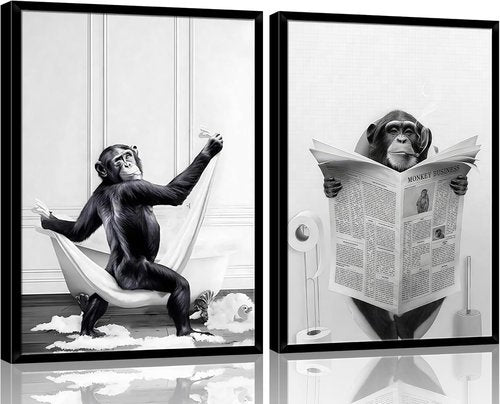 Funny Monkey Painting Poster - Framed Black and White Canvas Art | 12" x 16" for Kids' Bathroom Decor