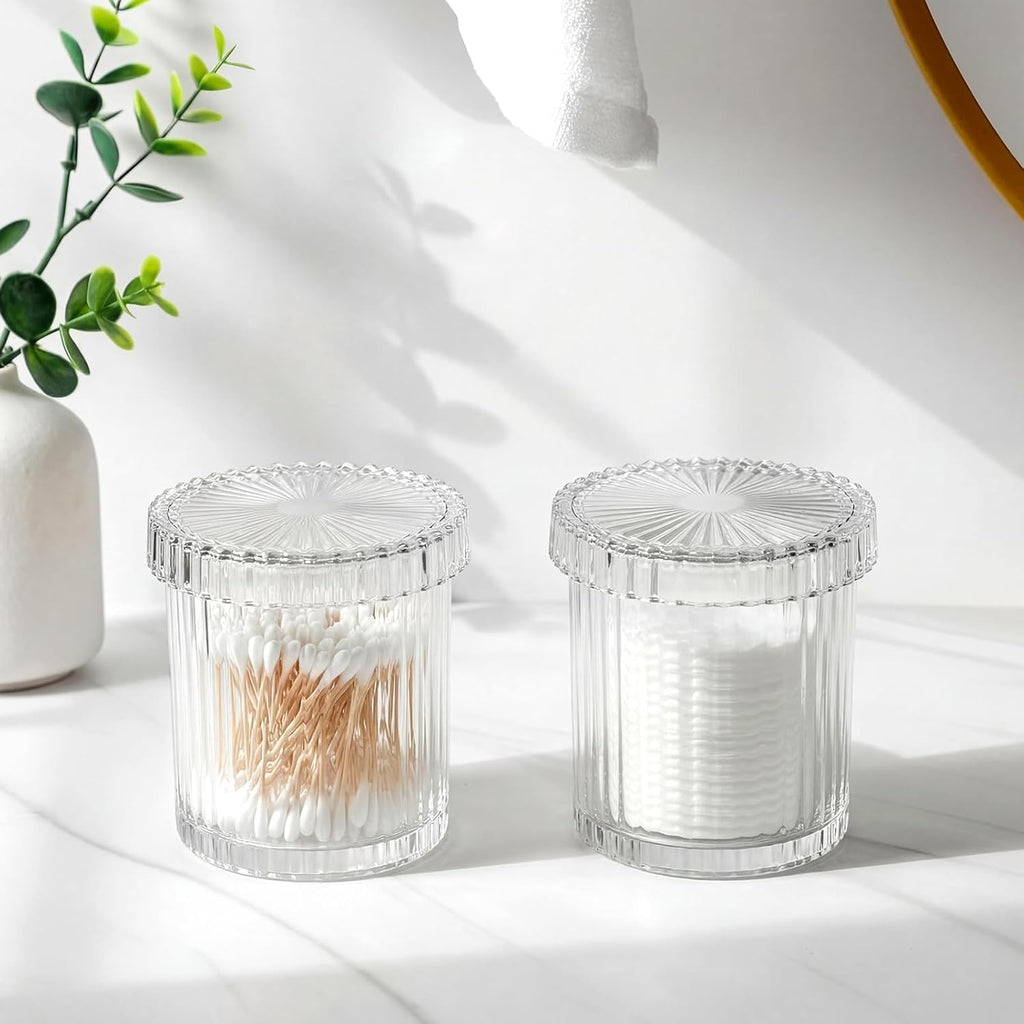 Rejomiik Glass Qtip Holder Dispenser - 2 Pack Apothecary Jars with Lids for Cotton Swabs & Makeup Storage