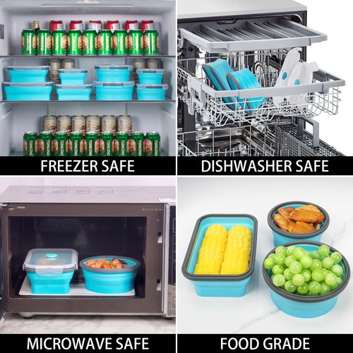 Annaklin Collapsible Food Storage Containers with Lid & Air Vent, 16 Pack, 8 Rectangular + 8 Round, Foldable Silicone Lunch Containers Collapsible Bowls Set, Microwave Freezer Dishwasher Safe, Blue