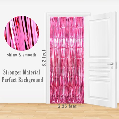 GOER Metallic Tinsel Foil Fringe Curtains - 3.2 ft x 8.2 ft Party Backdrop for Galentine's Day, Birthdays & Weddings | Hot Pink