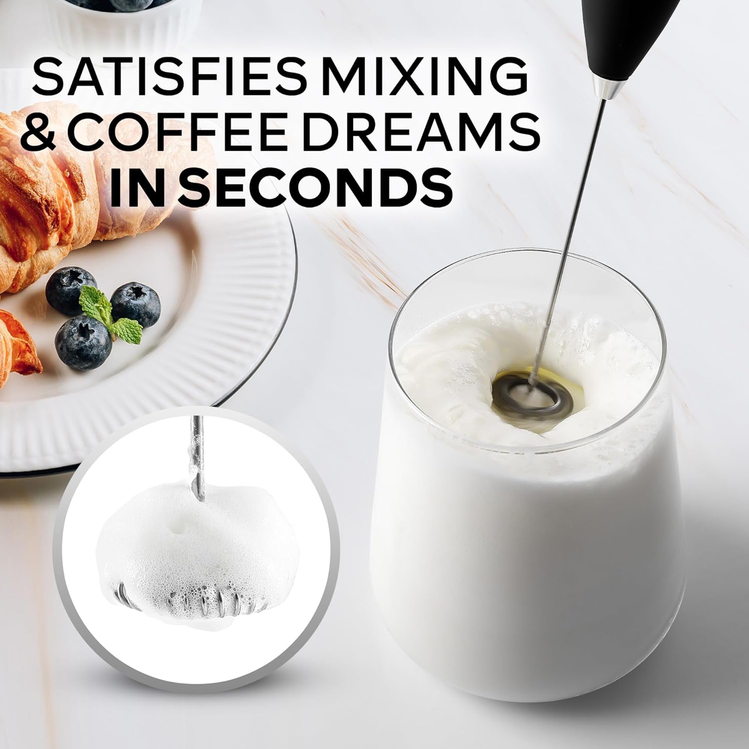 Zulay Kitchen Milk Frother Wand - Ultra-Fast Electric Whisk for Coffee, Lattes & More - Black