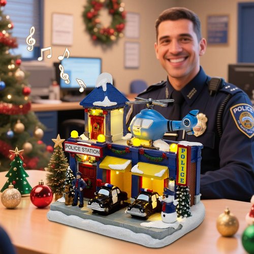 Innodept12 Christmas Animated Train Station Décor - Lighted Building with Clock, Music & Moving Train - Festive Indoor Display