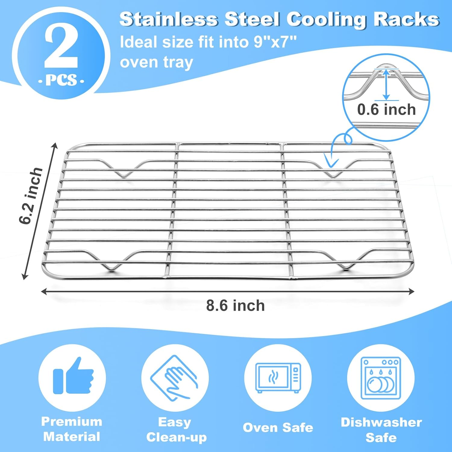 P&P CHEF Stainless Steel Cooling Baking Rack - Set of 2, Easy to Clean, 8.6" x 6.2", Silver