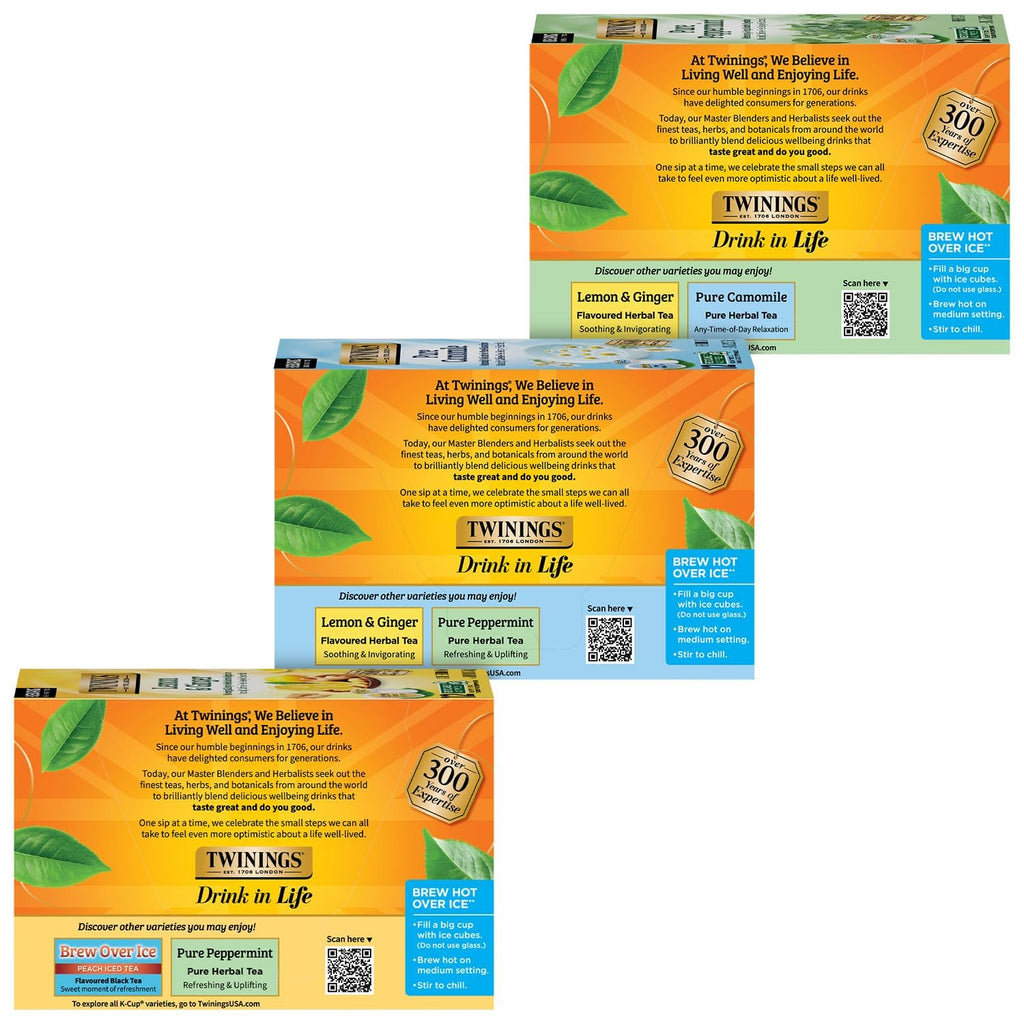 Twinings Herbal Tea K-Cup Pods for Keurig, Variety 3-Pack – Pure Peppermint, Pure Camomile + Lemon & Ginger Tea K-Cups, Naturally Caffeine-Free, 12 Count Each
