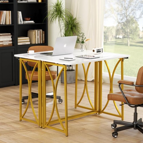 coeztt Folding Desk, 31.5" Small for Bedroom, Space Saving Foldable Computer Desk for Home Office, Easy Assembly, White and Gold