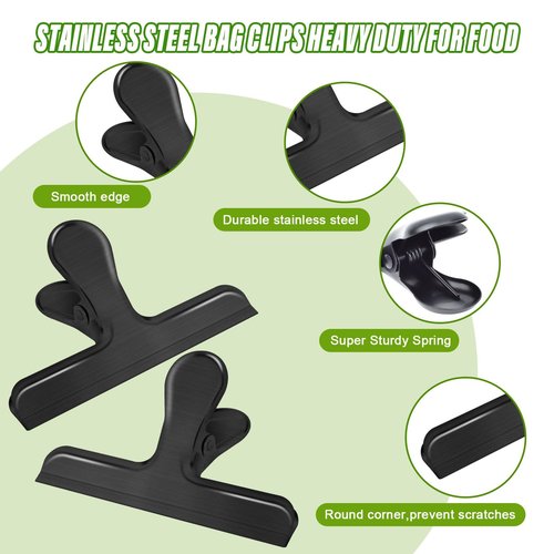 Chip Clips, 6 Pack Stainless Steel Bag Clips for Food Storage,Medium Size Chip Clips Heavy Duty, Food Bags Clamp Clip for Chips and Other Food Bags,Snack Bags Clips,Metal Clip for Home Office,Black