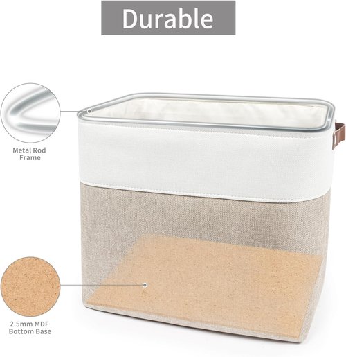 Bagnizer Large Fabric Storage Baskets - 50L Decorative Linen Bins with Handles for Organizing | Beige & White, 17x12x15 Inches
