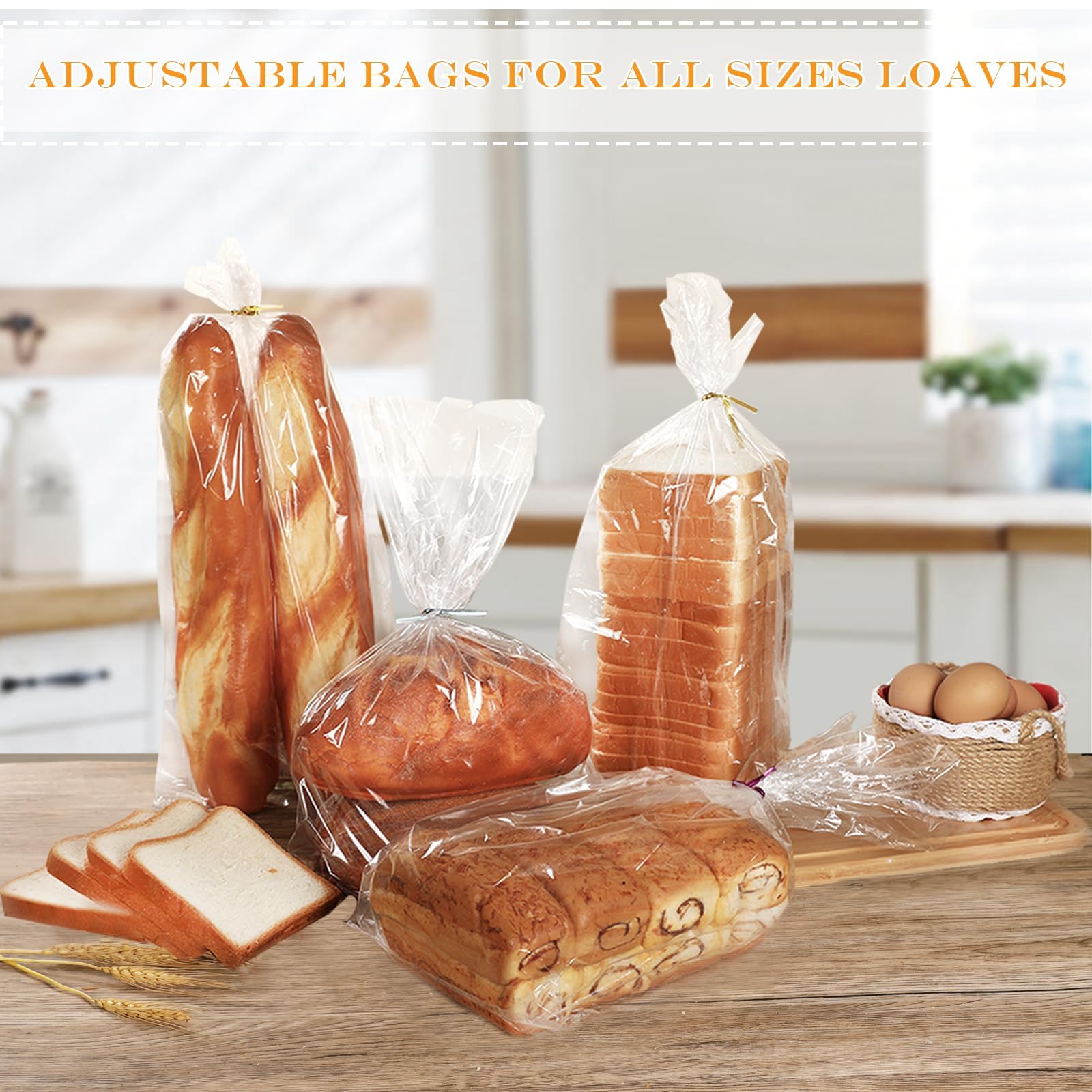 Goruru Bread Bags for Homemade Bread - Durable Plastic bags for Loaf, Bagels & More - Adjustable Sourdough bread Bags for Home Bakers & Bakery Owners - 100 Pcs with 110 Colorful Ties (5")