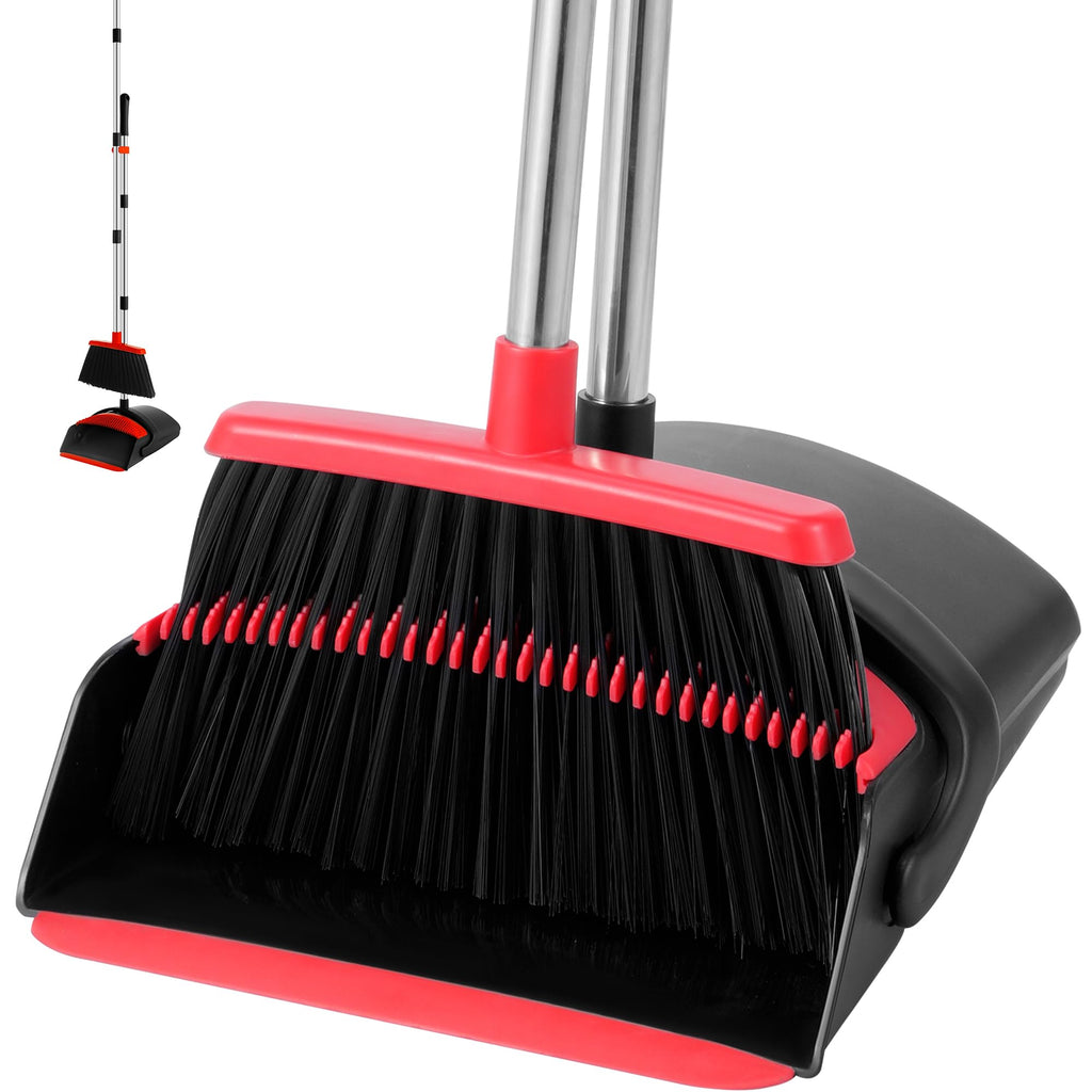 BSKLIN Broom and Dustpan Set for Home, 52" Long Handle Standing Broom Set with Dustpan Self-Cleaning Teeth for Hair Removal Heavy Duty Indoor Outdoor Sweeping Kit for Kitchen Garage (Black)