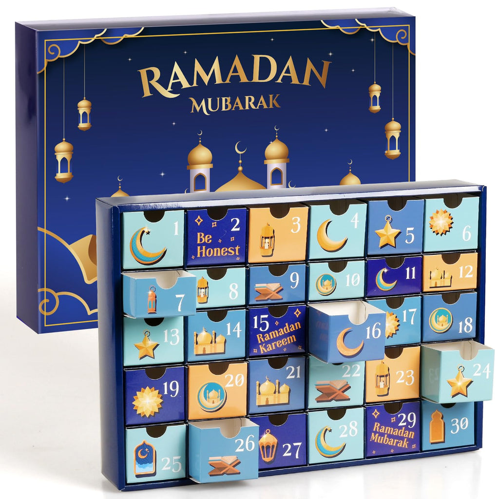 MOVINPE Ramdan Calendar with Drawers 2026 Ramadan Gifts for Kids, 30 Pre-Assembled Empty Boxes Eid Mubarak Coutdown Calendar Fillable Islamic Art Gift Box, Ramadan Party Supplies (Blue)
