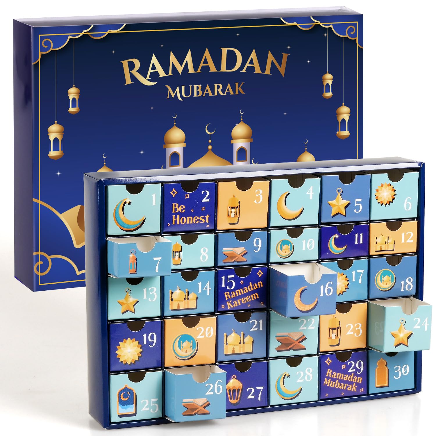 MOVINPE Ramdan Calendar with Drawers 2026 Ramadan Gifts for Kids, 30 Pre-Assembled Empty Boxes Eid Mubarak Coutdown Calendar Fillable Islamic Art Gift Box, Ramadan Party Supplies (Blue)
