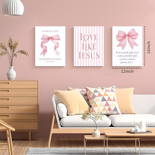 Dytila 3 Piece Pink Bows Wall Art - Cute Bible Verse Decor for Girls' Rooms | 12x16 Inch Dorm Artwork
